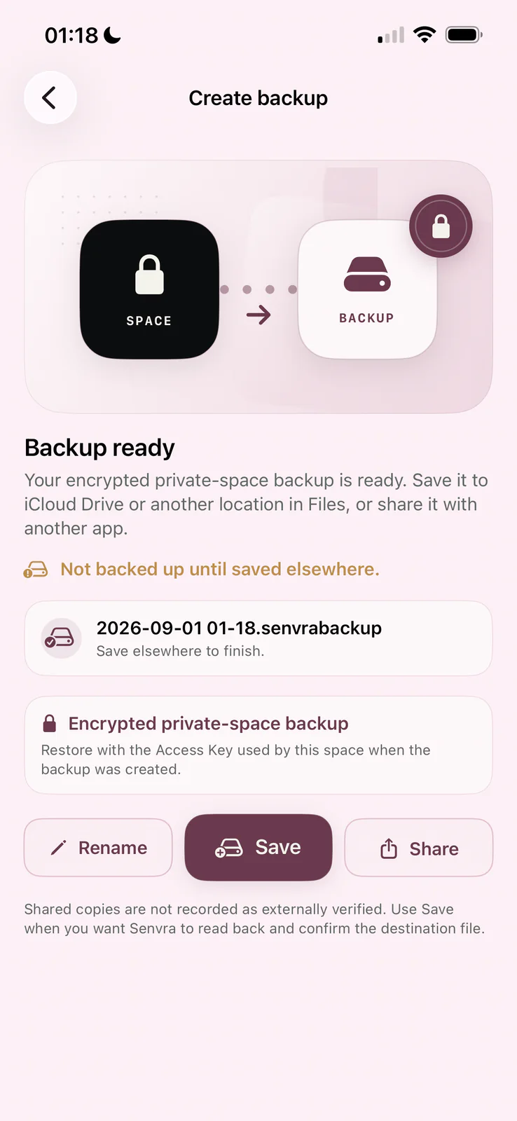 Senvra encrypted backup ready to save