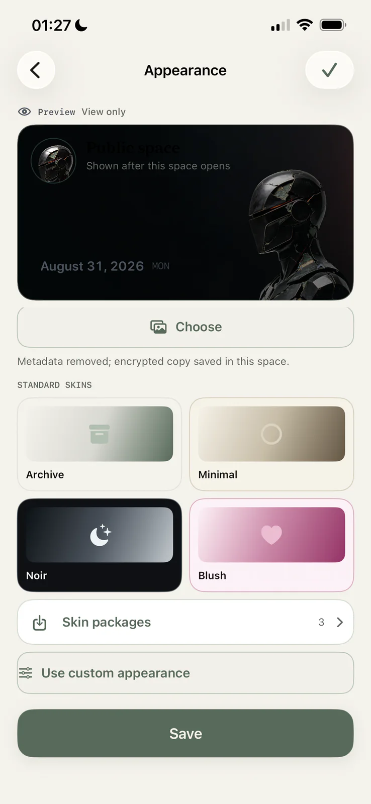 Senvra appearance editor with four coordinated skins
