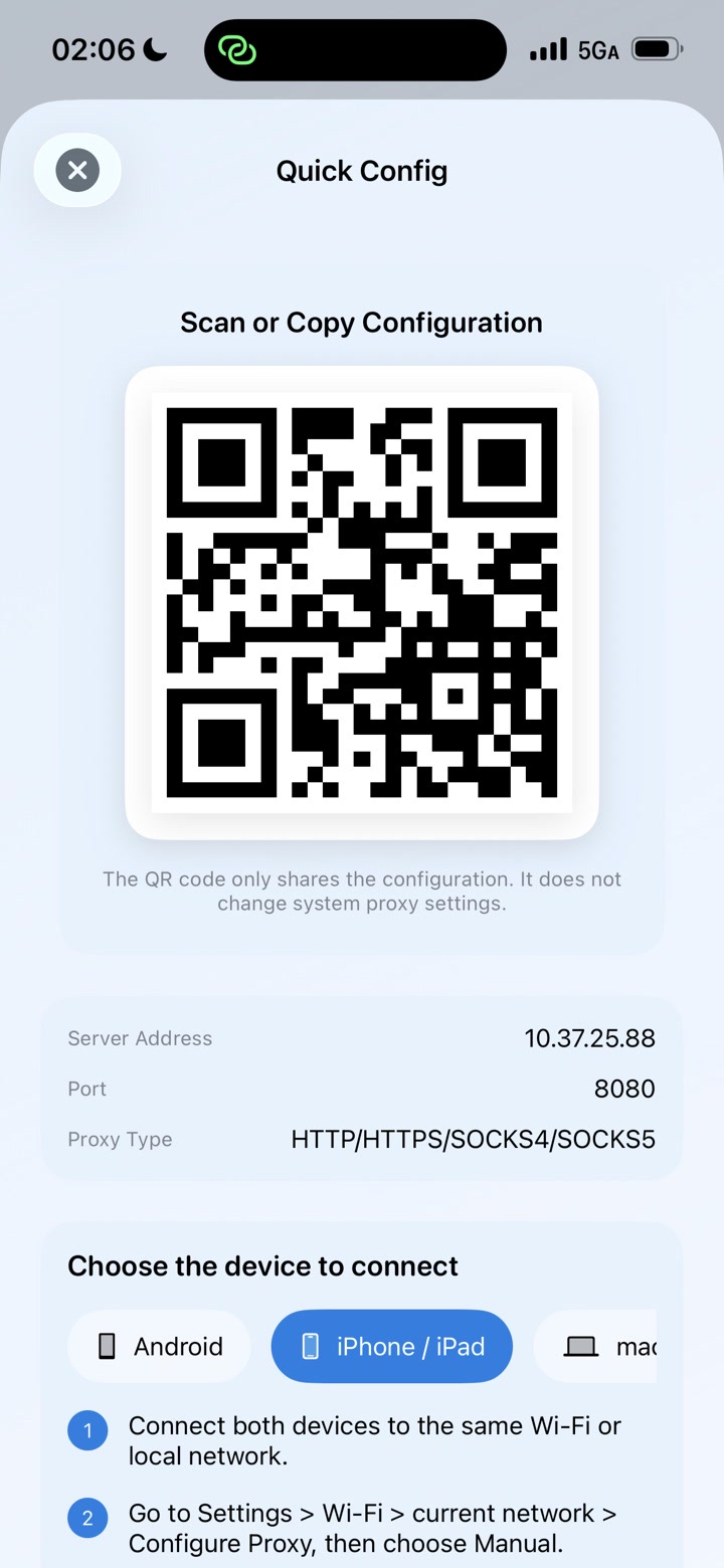 MonoProxy Quick Config with QR code and local endpoint