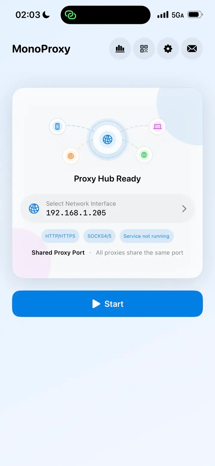 MonoProxy iPhone screen showing local proxy hub controls