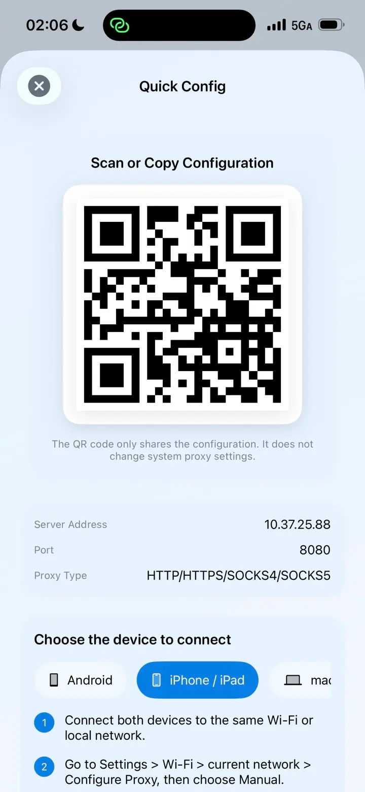 MonoProxy iPhone screen showing QR quick proxy setup