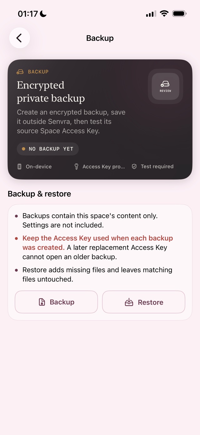 Senvra Backup & restore screen for encrypted private-space recovery