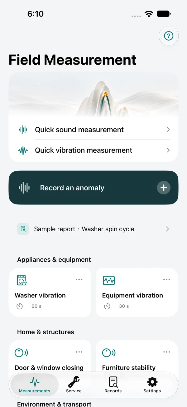 FieldTrace sound and vibration recording home screen
